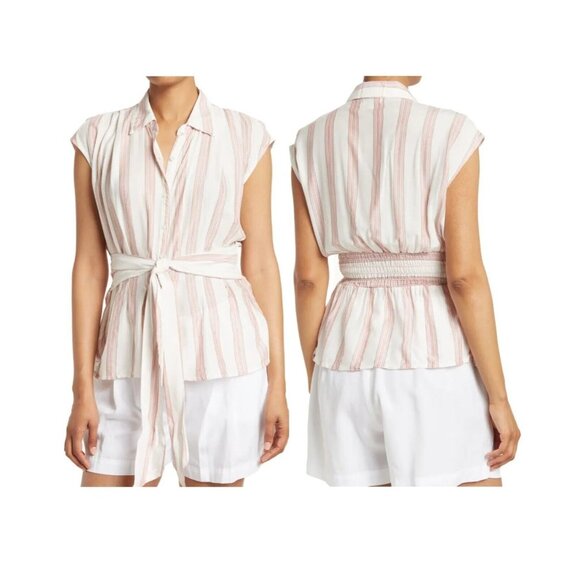 ❤️❤️❤️Womens Stripped blouse Sz L Top White Tie Front patterned chic Cap Sleeve - Picture 1 of 8